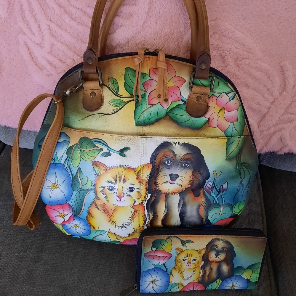 Anuschka Bag and Matching Wallet. The bag is 13.5 across and 12.5 inches long.